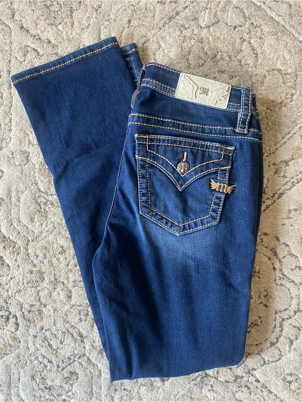 Miss Me Blue Mid rise Straight Jeans with Embroidered Pocket. Size 28. Inseam 30